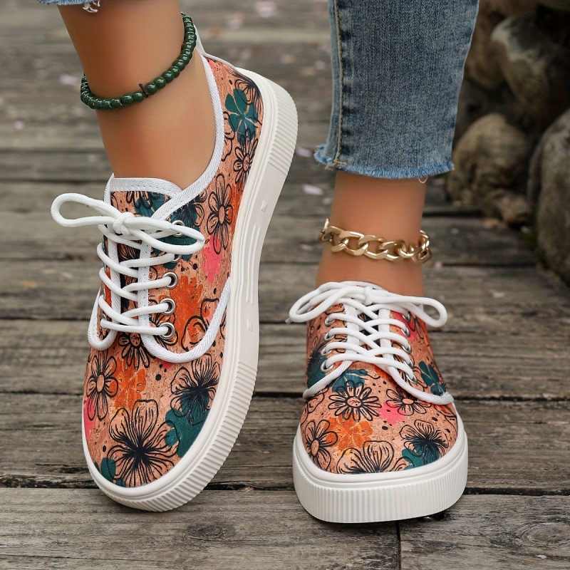 Women's Canvas Sneakers, Floral Print Casual Lace-Up Sport Shoes, Comfortable Walking Flats