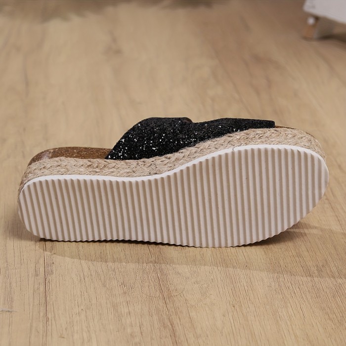 Women's Solid Color Casual Sandals, Platform Double Sequins Buckle Vacation Shoes, Summer Comfort Casual Wear