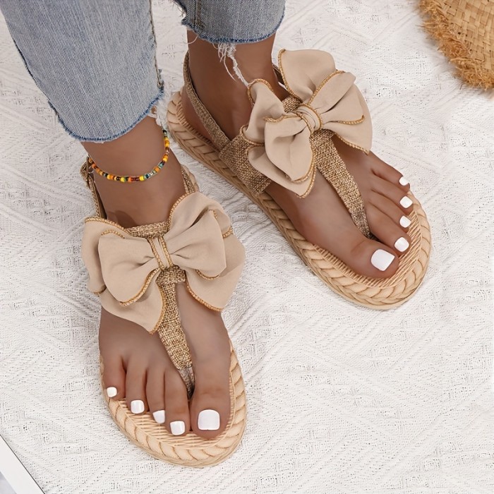 Women's Bowknot Decor Thong Sandals, Solid Color Open Toe Ankle Buckle Strap Slingback Boho Shoes, Vacation Comfy Shoes