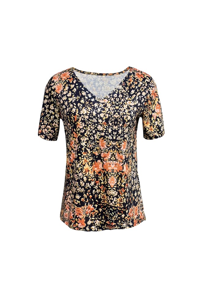 Floral Print V Neck T-shirt, Casual Short Sleeve Top For Spring & Summer, Women's Clothing