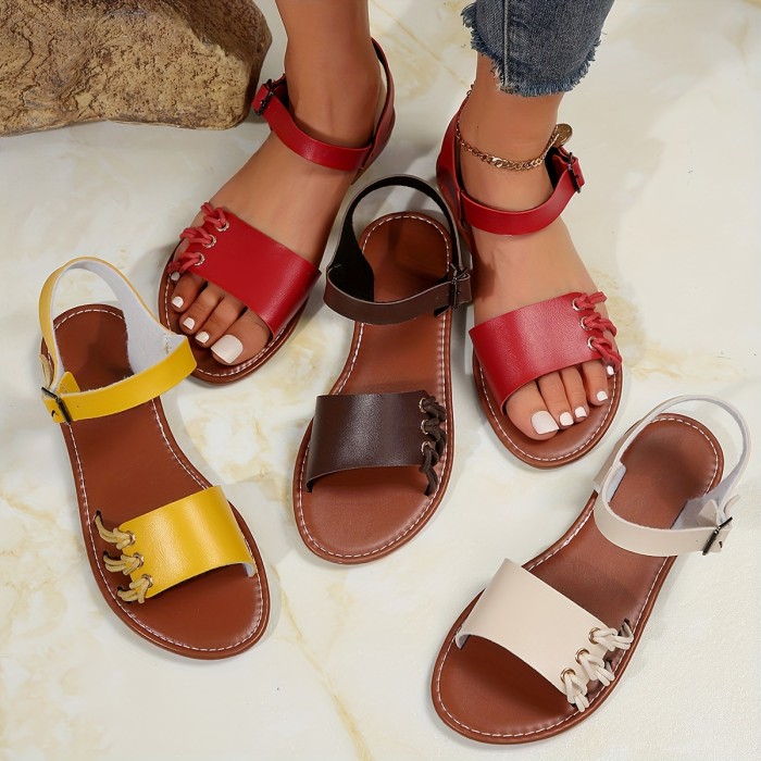 Women's Ankle Strap Flat Sandals, Solid Color Open Toe Summer Shoes, Casual Outdoor Beach Sandals