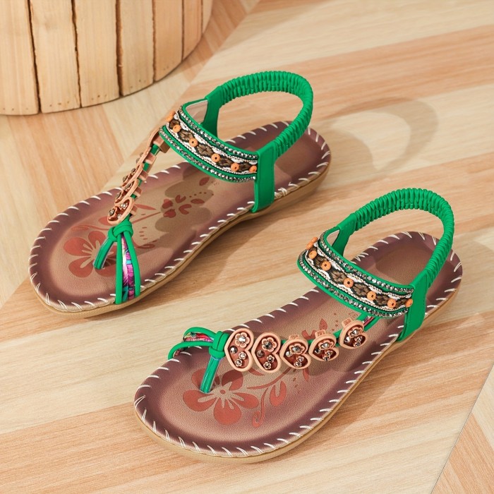 Women's Boho Style Flat Sandals, Heart & Rhinestone Decor Elastic Strap Slip On Shoes, Summer Beach Sandals for Holiday