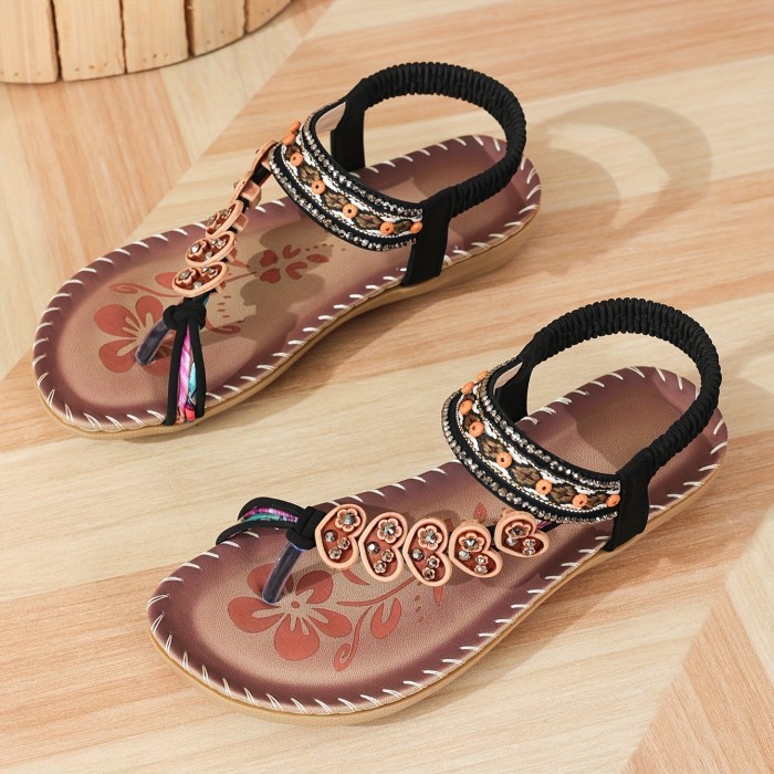 Women's Boho Style Flat Sandals, Heart & Rhinestone Decor Elastic Strap Slip On Shoes, Summer Beach Sandals for Holiday