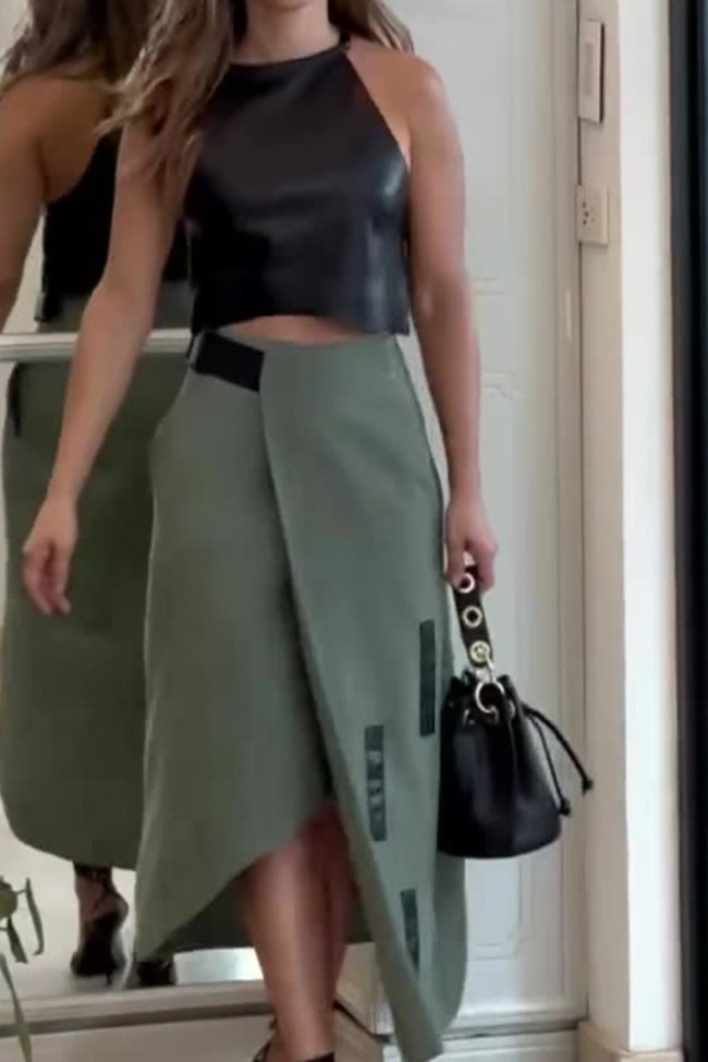 Fashionable Women's PU Top Faux Leather Halter Skirt Two-Piece Set