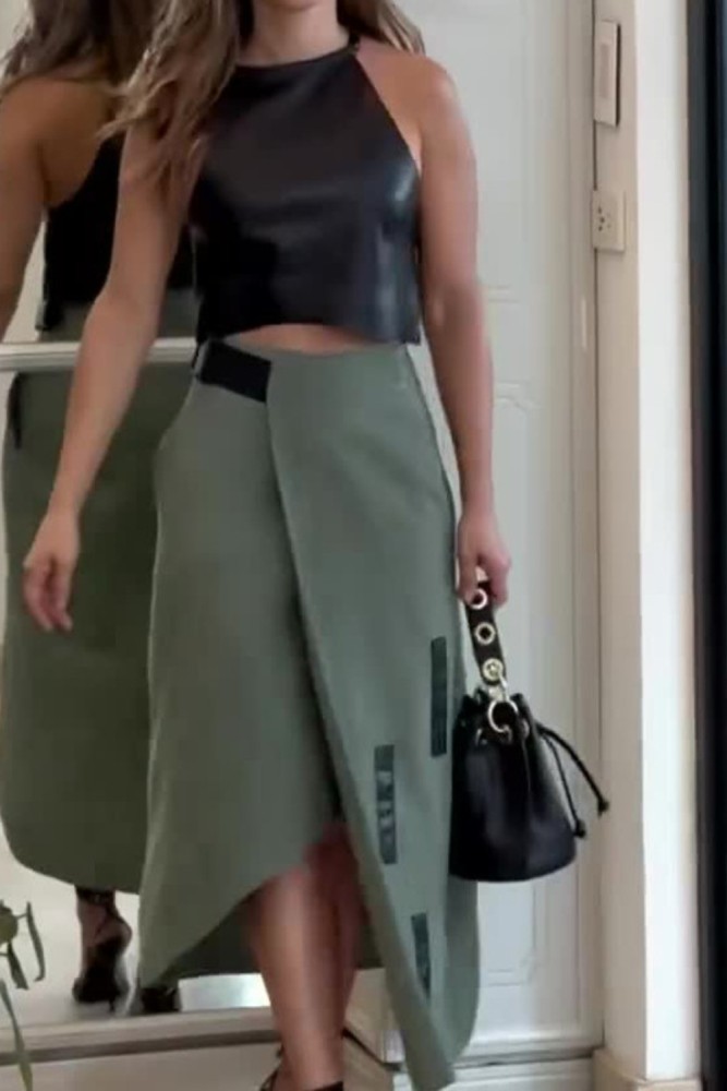 Fashionable Women's PU Top Faux Leather Halter Skirt Two-Piece Set