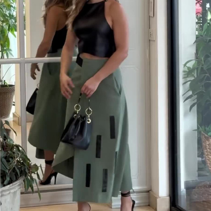 Fashionable Women's PU Top Faux Leather Halter Skirt Two-Piece Set