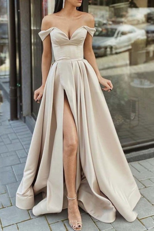 Off Shoulder Party Ball Gown High Slit Sexy V Neck Solid Satin Pleated Elegant Maxi Dress