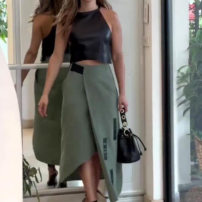 Fashionable Women's PU Top Faux Leather Halter Skirt Two-Piece Set