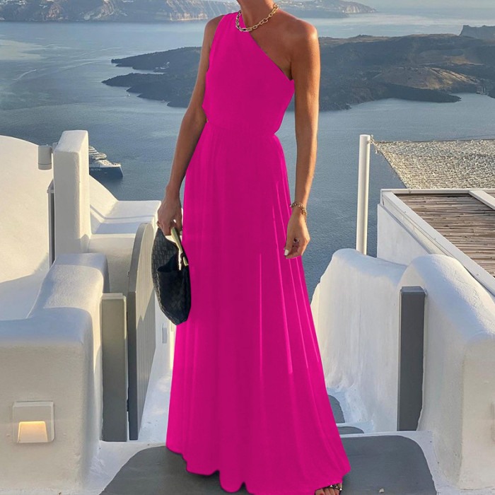 Sexy Scoop Neck A-Line Bohemian One Shoulder Solid Color Party Sleeveless Backless Maxi Dress