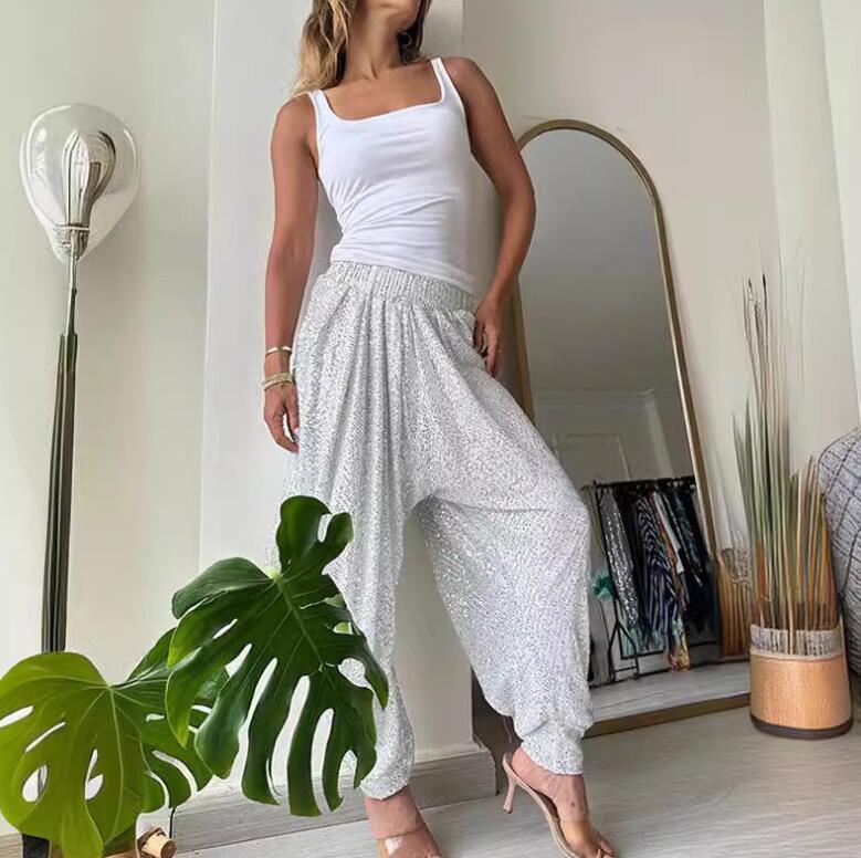 New Loose Sequin Elastic Waist Casual Solid Color Lantern Pants,4 Colors