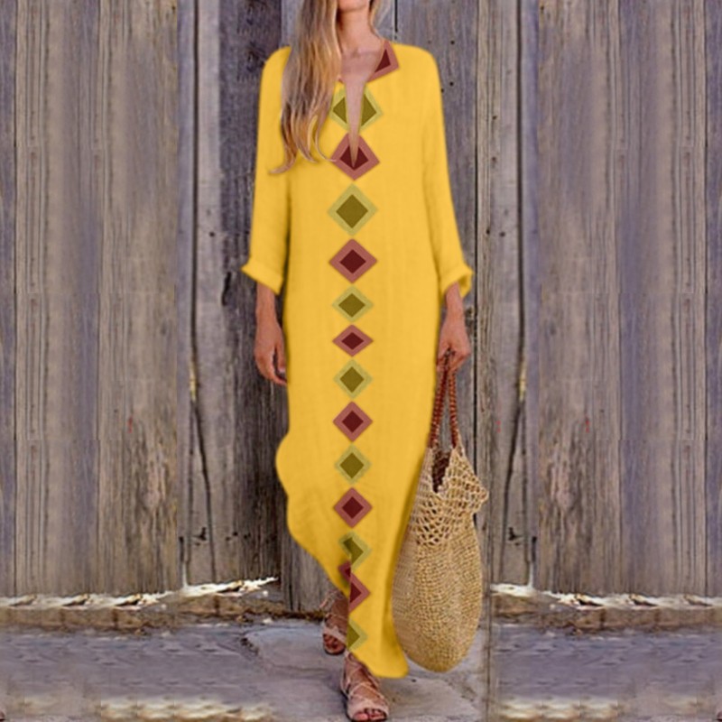 Casual Boho Print Deep V Neck Swing Long Sleeves Maxi Dress