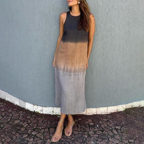 Women's Casual Gradient Tie-Dye Round Neck Patchwork Slit Loose Boho Beach Dress