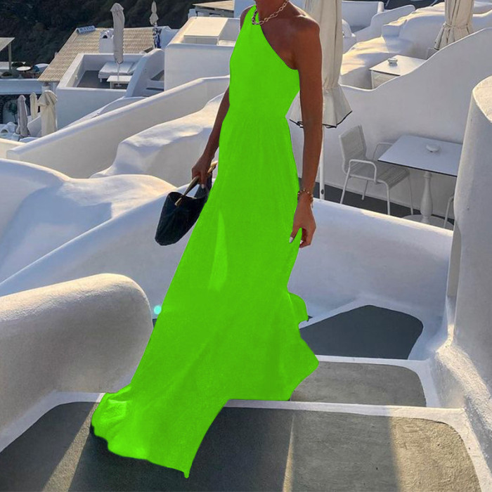 Sexy Scoop Neck A-Line Bohemian One Shoulder Solid Color Party Sleeveless Backless Maxi Dress