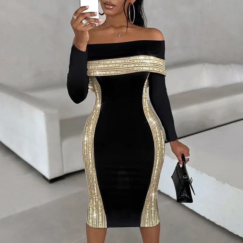 Fashion Slim One Shoulder Long Sleeve Sequined Splicing Sexy Party Dress