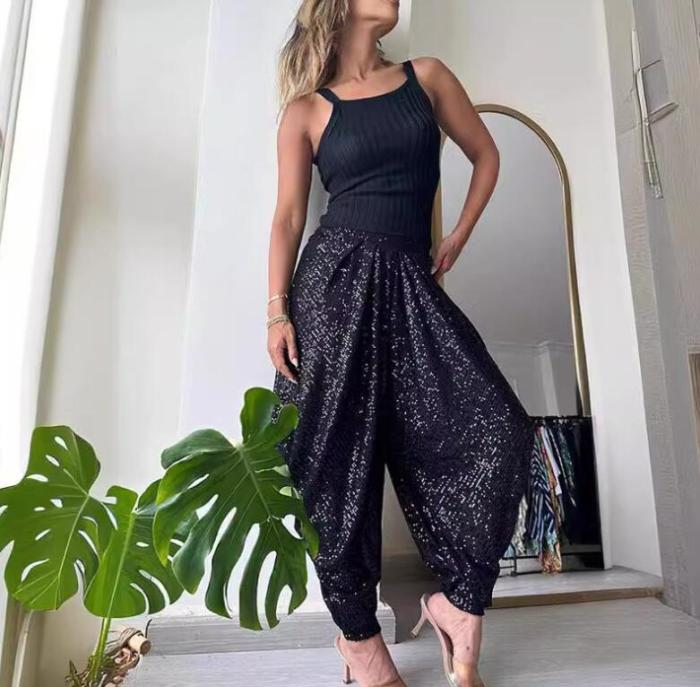 New Loose Sequin Elastic Waist Casual Solid Color Lantern Pants,4 Colors