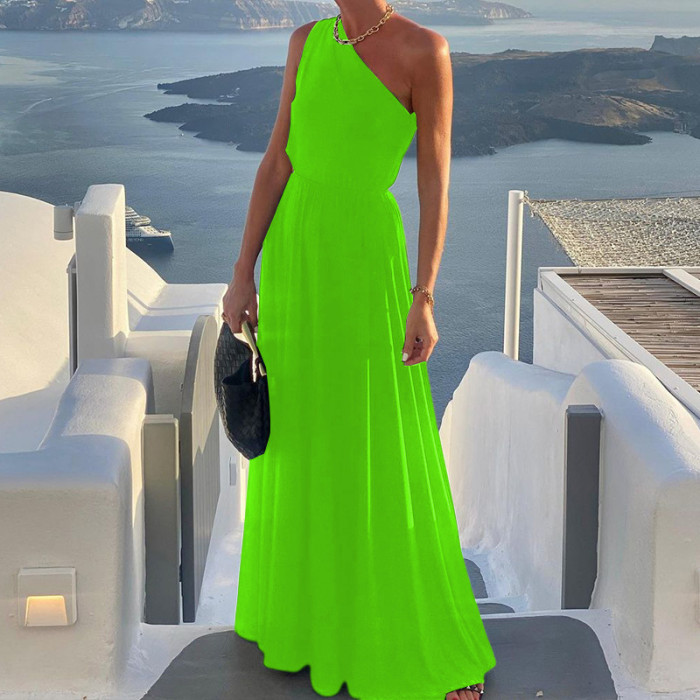 Sexy Scoop Neck A-Line Bohemian One Shoulder Solid Color Party Sleeveless Backless Maxi Dress