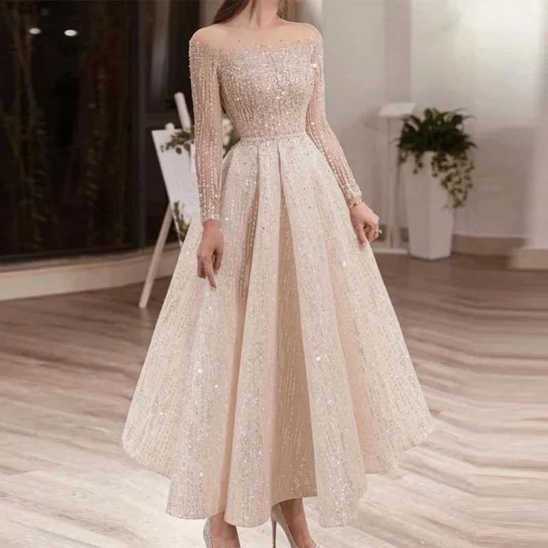 Stylish Sexy Party Sequin Evening Gown Solid Color Long Sleeve Elegant Midi Dress