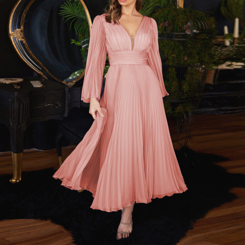 Elegant V-Neck Prom Party Gowns Simple Pleat Chiffon Evening Maxi Dresses