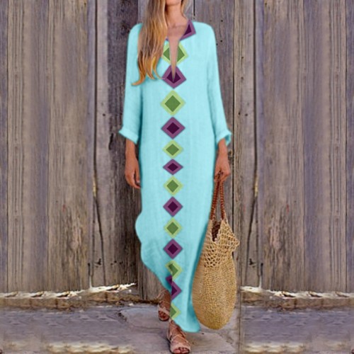 Casual Boho Print Deep V Neck Swing Long Sleeves Maxi Dress