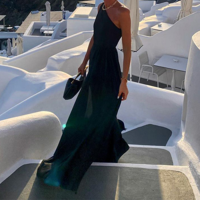 Sexy Scoop Neck A-Line Bohemian One Shoulder Solid Color Party Sleeveless Backless Maxi Dress
