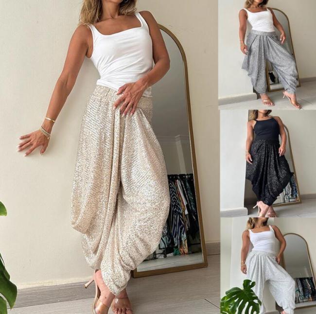 New Loose Sequin Elastic Waist Casual Solid Color Lantern Pants,4 Colors