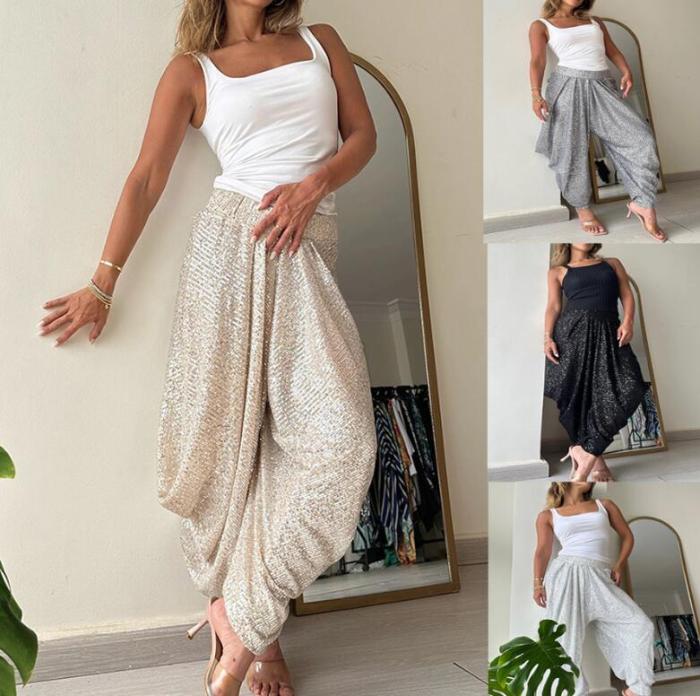 New Loose Sequin Elastic Waist Casual Solid Color Lantern Pants,4 Colors