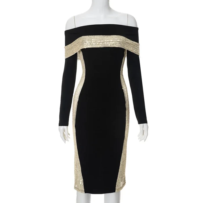 Fashion Slim One Shoulder Long Sleeve Sequined Splicing Sexy Party Dress
