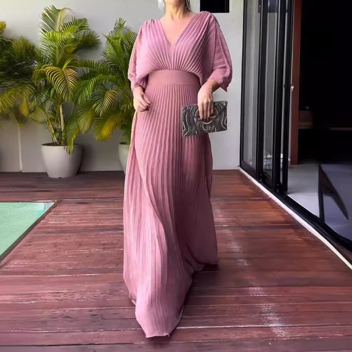 Elegant V-neck Waist Evening Dress Casual 3/4 Sleeve Solid Pleated Fashion Pullover PartyMaxi Dress