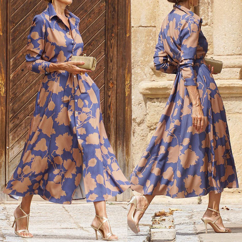 Women's Fashion Floral Slit Casual Long Sleeve High Waist Lapel Dress