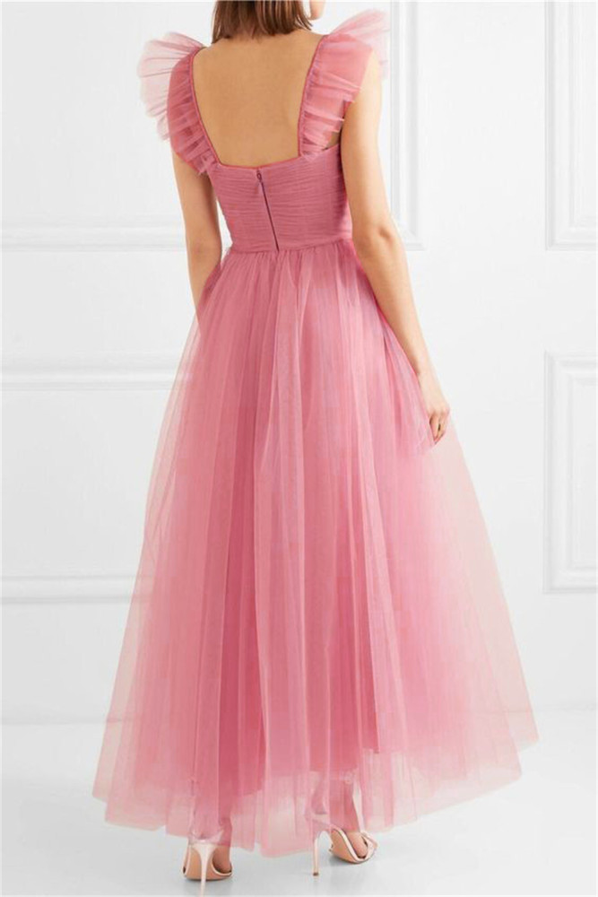 Pink Fashion Sexy Backless Tulle Ruffle Elegant Formal Wedding Maxi Dress
