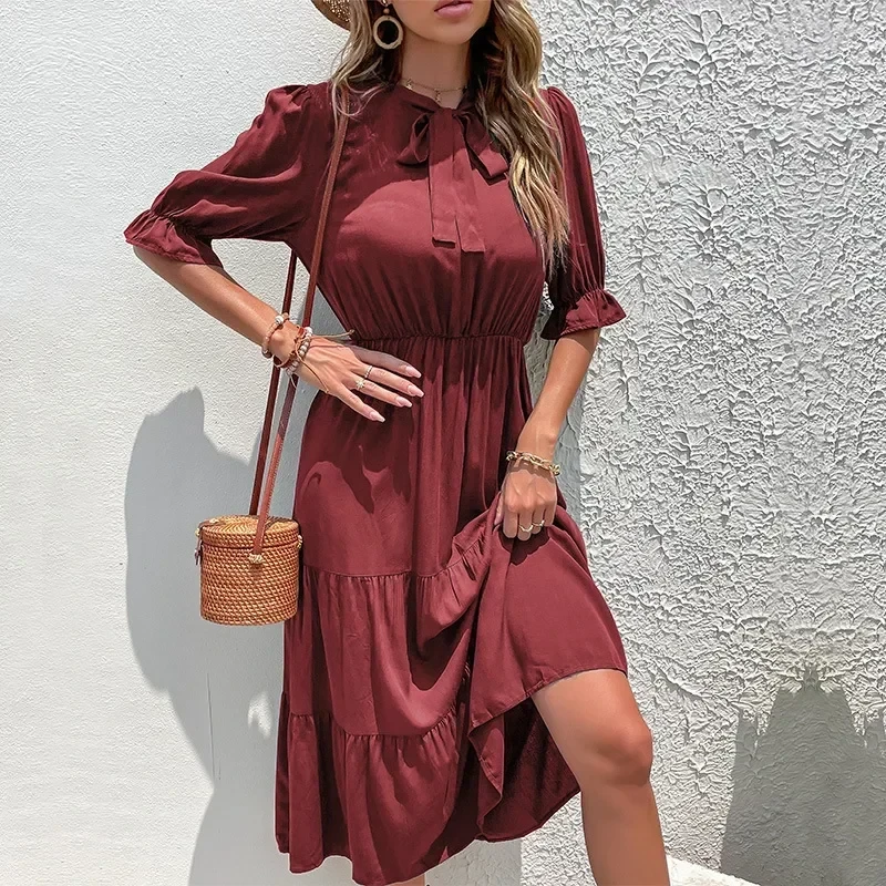 Womens Elegant Ruffle Half Sleeve A Line Swing Casual Party Cocktail Dresses