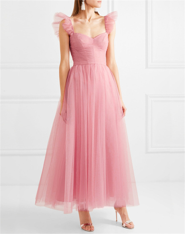 Pink Fashion Sexy Backless Tulle Ruffle Elegant Formal Wedding Maxi Dress