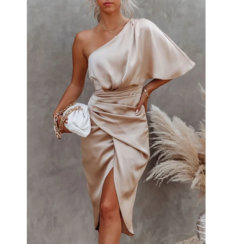 Sexy One Shoulder Irregular Pleated Party Dress Fashion Ladies Tight Vintage Dress
