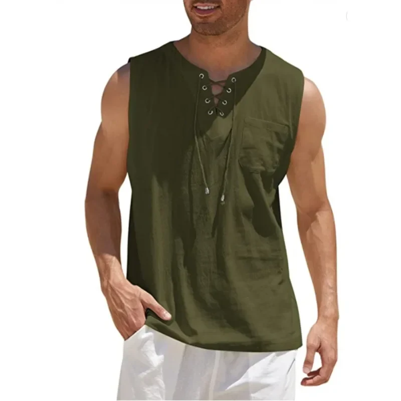 Men's Summer Linen Tank Tops Solid Color Sleeveless T-Shirt Loose Cotton Linen Shirt