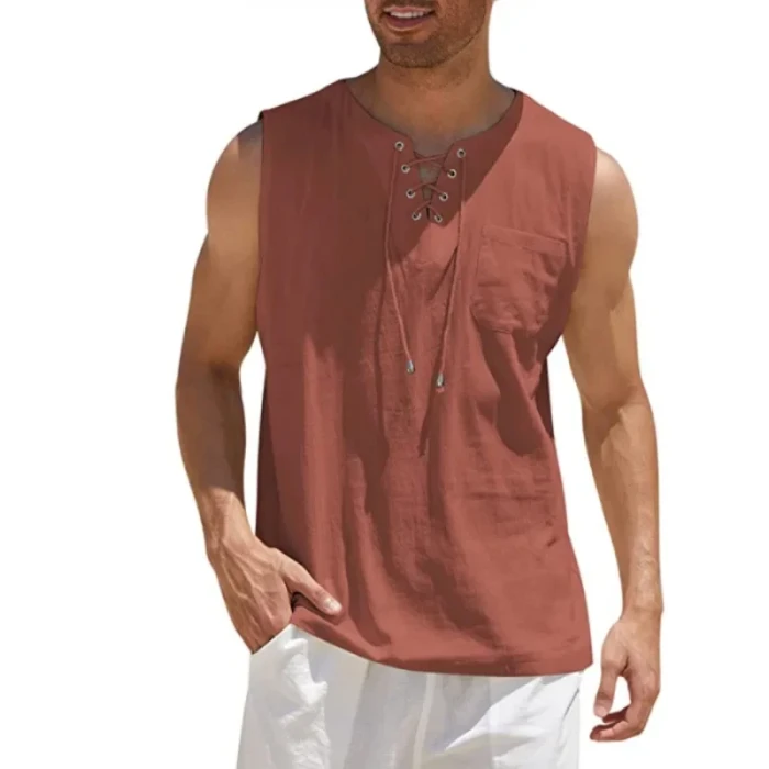 Men's Summer Linen Tank Tops Solid Color Sleeveless T-Shirt Loose Cotton Linen Shirt
