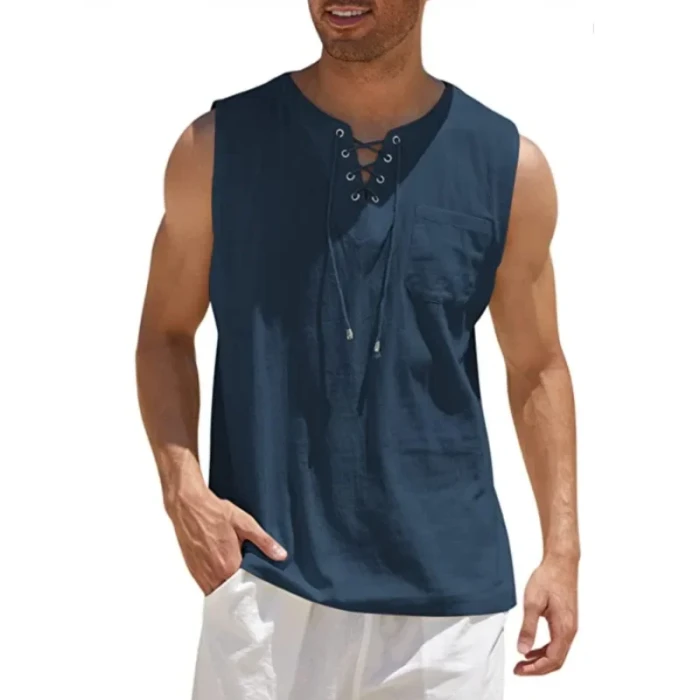 Men's Summer Linen Tank Tops Solid Color Sleeveless T-Shirt Loose Cotton Linen Shirt