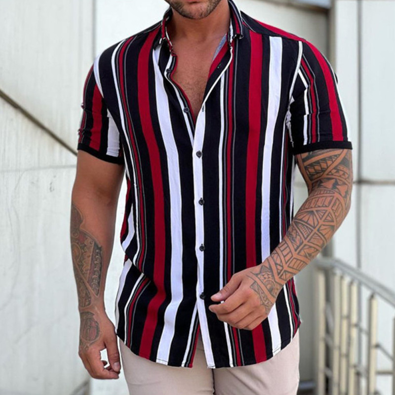 Men's Fashion Striped Casual Loose Short Sleeve Street Top