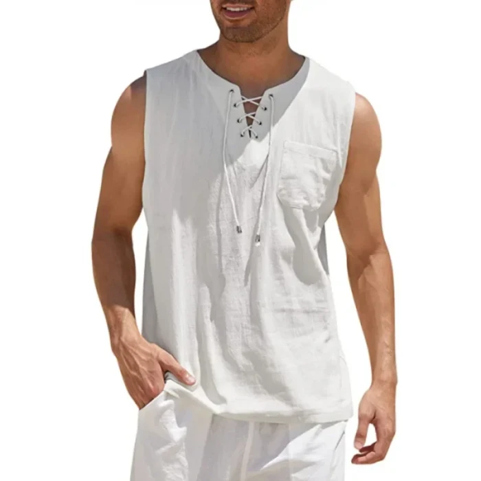 Men's Summer Linen Tank Tops Solid Color Sleeveless T-Shirt Loose Cotton Linen Shirt
