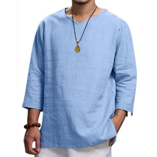 Men's V Neck Cotton Linen Solid Color Long Sleeve Summer Casual Loose T-Shirt Tops