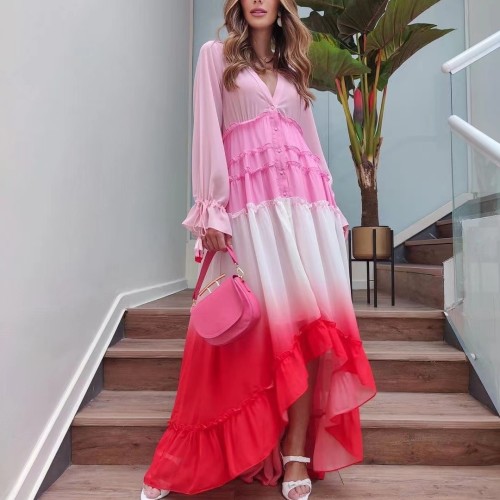 Fashionable Deep V Long Sleeve Gradient Print Elegant Party Dress