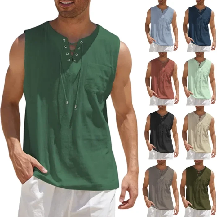 Men's Summer Linen Tank Tops Solid Color Sleeveless T-Shirt Loose Cotton Linen Shirt