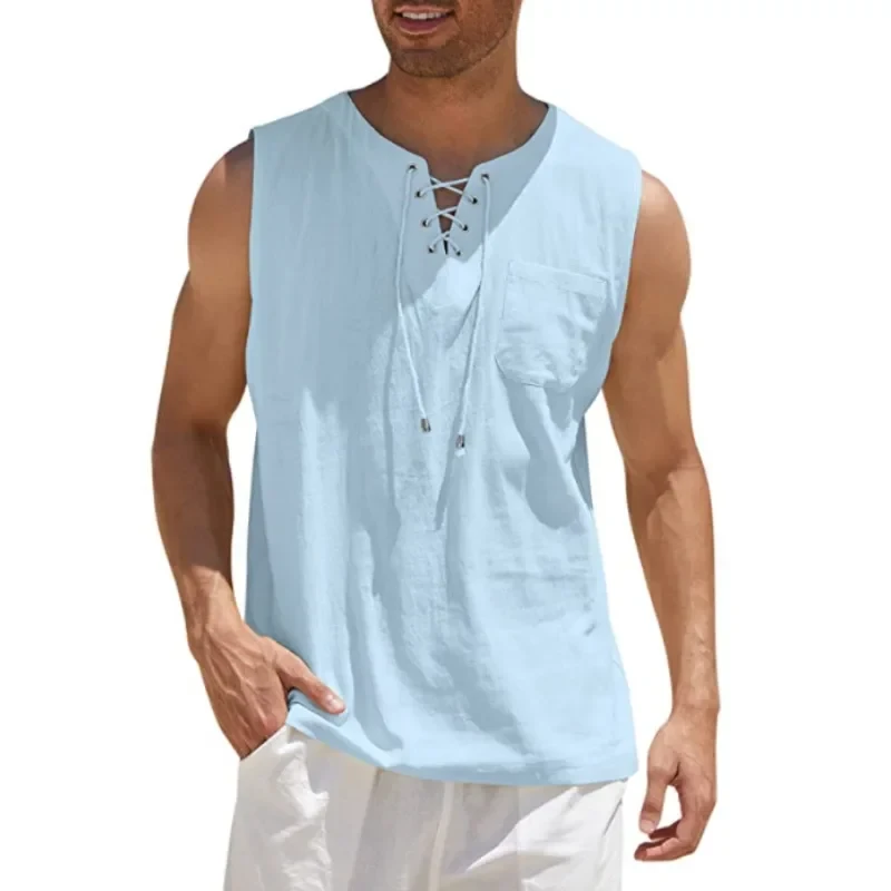 Men's Summer Linen Tank Tops Solid Color Sleeveless T-Shirt Loose Cotton Linen Shirt