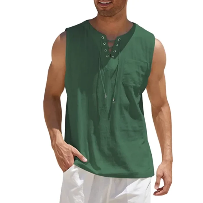 Men's Summer Linen Tank Tops Solid Color Sleeveless T-Shirt Loose Cotton Linen Shirt