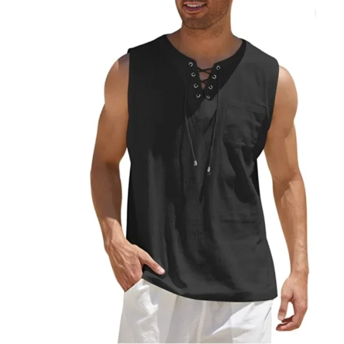Men's Summer Linen Tank Tops Solid Color Sleeveless T-Shirt Loose Cotton Linen Shirt