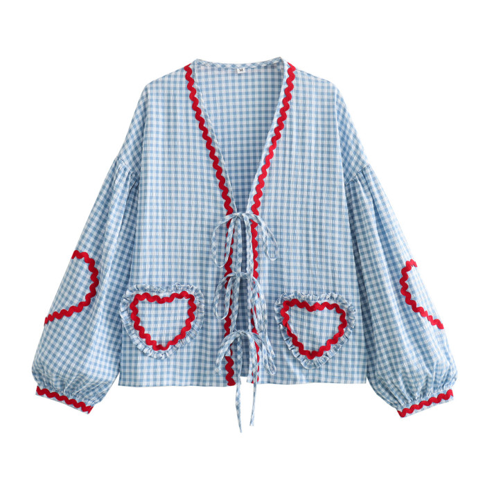 Retro Women's Loose Heart Pocket Fashion Casual V Neck Bow Button Shirt Chic Top