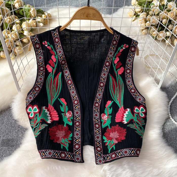 Ethnic Style V-neck Embroidery Floral Sleeveless Waistcoat Female Almighty Holiday Beach Vests