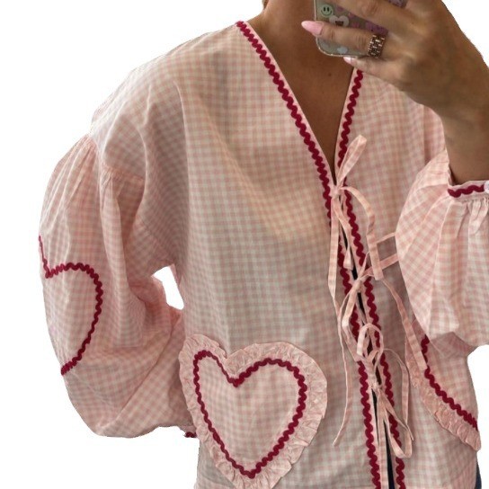 Retro Women's Loose Heart Pocket Fashion Casual V Neck Bow Button Shirt Chic Top