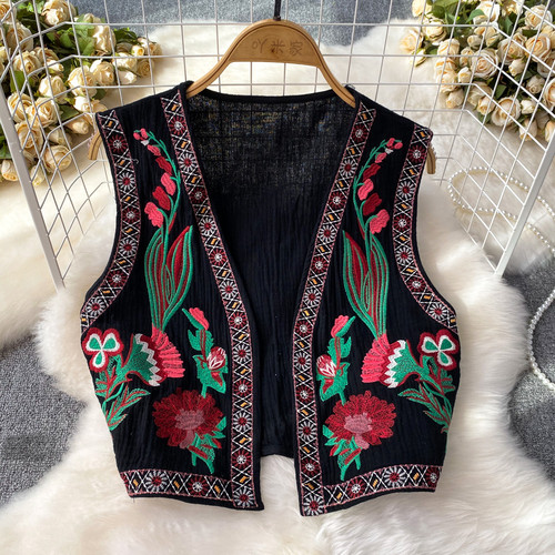 Ethnic Style V-neck Embroidery Floral Sleeveless Waistcoat Female Almighty Holiday Beach Vests