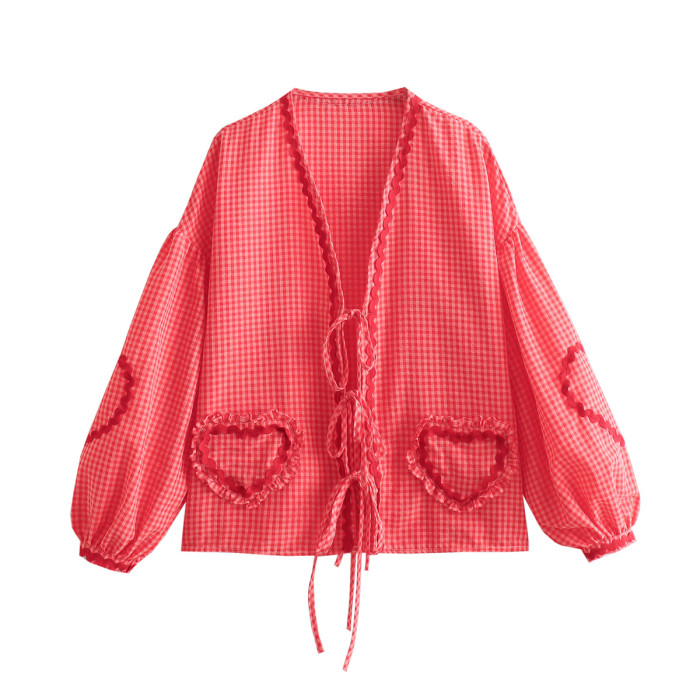 Retro Women's Loose Heart Pocket Fashion Casual V Neck Bow Button Shirt Chic Top