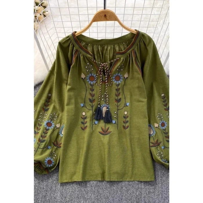 Casual Women Fashion V-neck Long Lantern Sleeve Embroidery Shirts Vintage Tops Blouses